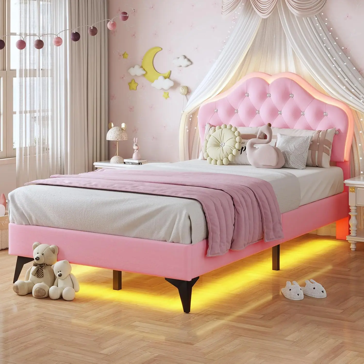 Upholstered Bed Frame with LED Lights, Princess Platform Bed for Girls, Adjustable Headboard with Crystal Button, Solid Wood Sla