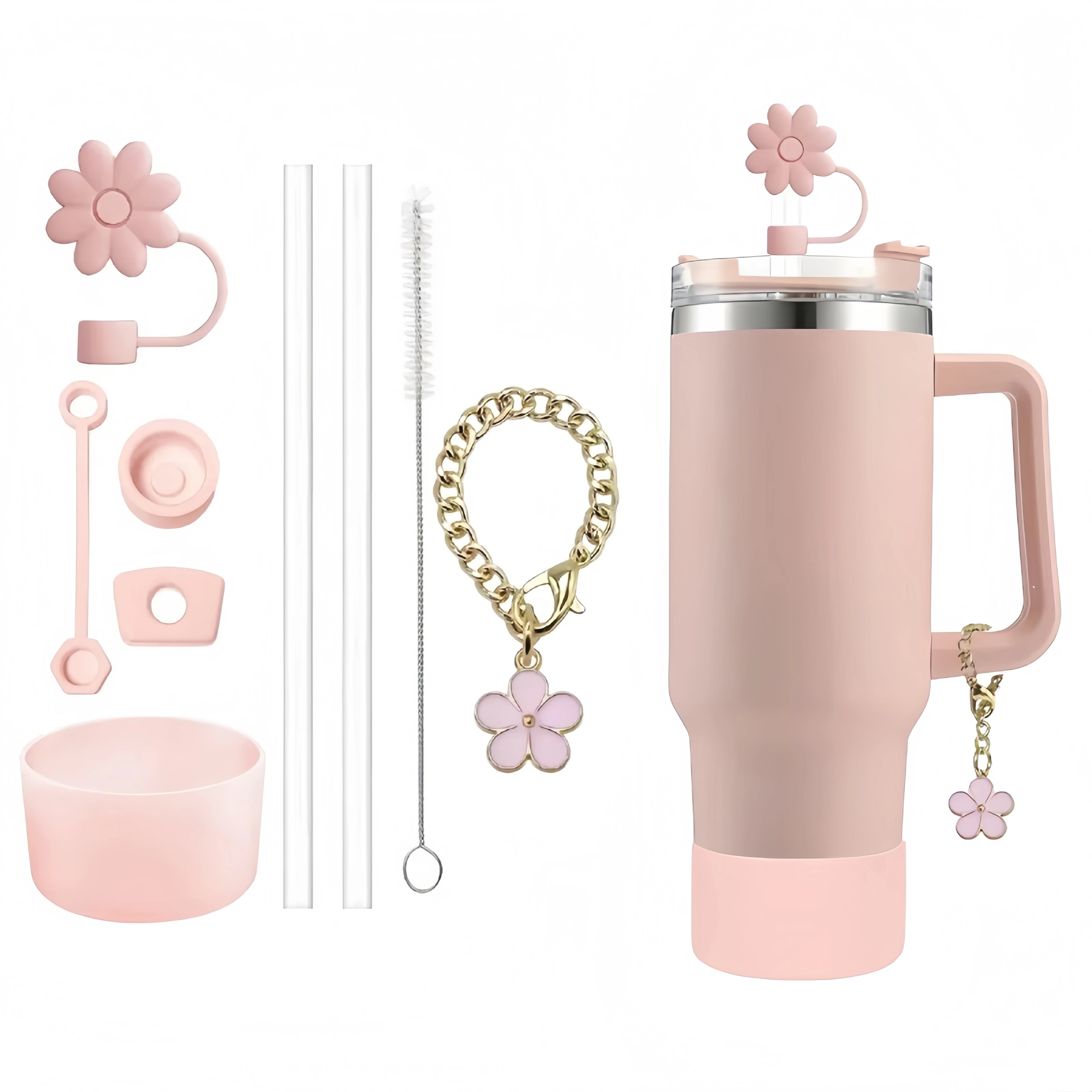 9pcs Accessories Set 2 Straw and Brush 3 Spill Proof Stopper Flowers Straw Cover Boot and 1 Flower Charm Chain for Stanley Cup