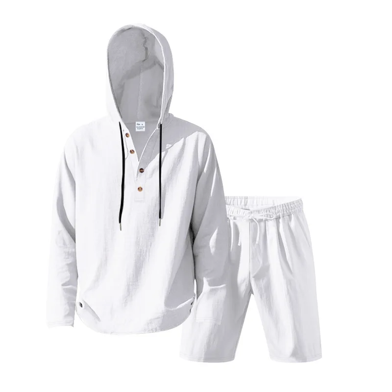 

Новинка 2023 года, мужской летний костюм, льняной повседневный трендовый пляжный сезон, шорты с длинными рукавами, костюм Генри с капюшоном