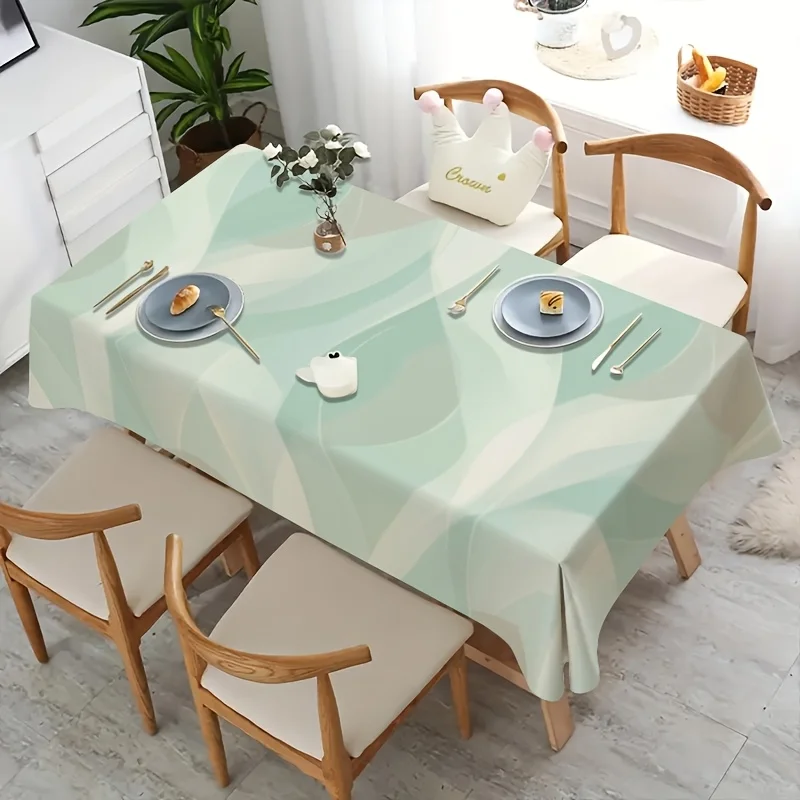 Simple Pastel Wave Tablecloth, Light Base With Abstract Curve Graphic Print, Rectangular Table Cover for Dining & Kitchen Decor