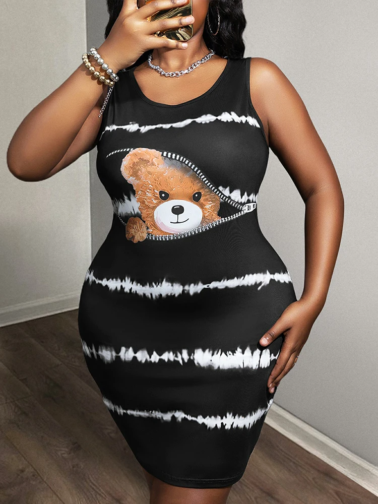 LW Plus Size Cute Teddy Bear Graphic Tank Dresses Women 2025 Summer Autumn Casual Sleeveless Print Large Size New Dress Woman