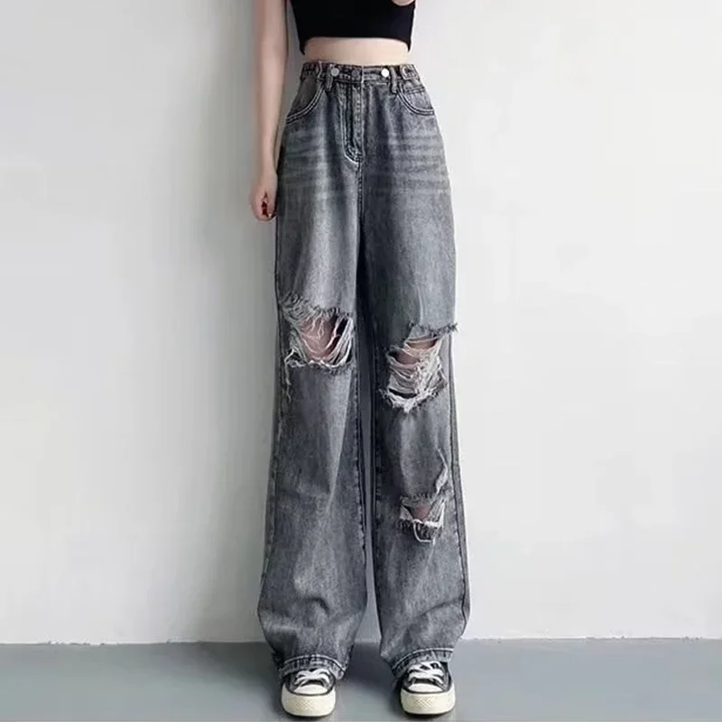 

2025 Lady Classic Wide Leg Popular Pants Girls Straight Vintage Denim Trousers Woman Full Length Streetwear Ripped Gray Jeans