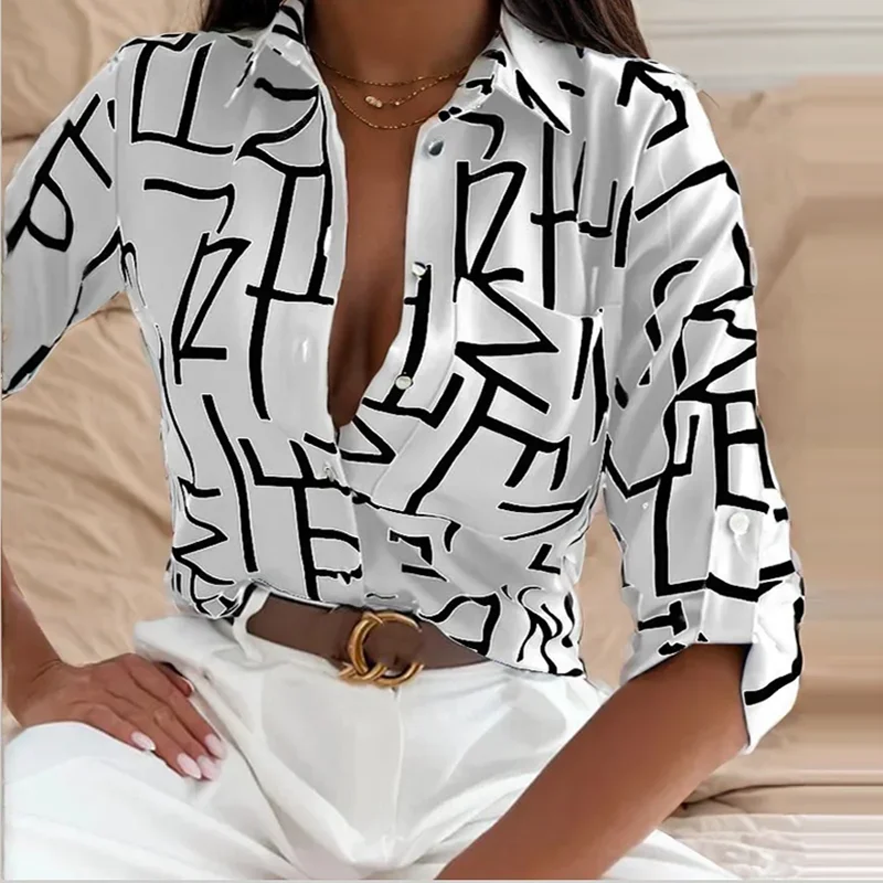 ผู้หญิงฤดูใบไม้ผลิ Elegant เปิดลง Colar เสื้อ Vintage ยอดนิยมพิมพ์ Slim เสื้อฤดูใบไม้ร่วงสุภาพสตรีแฟชั่นเสื้อแขนยาว