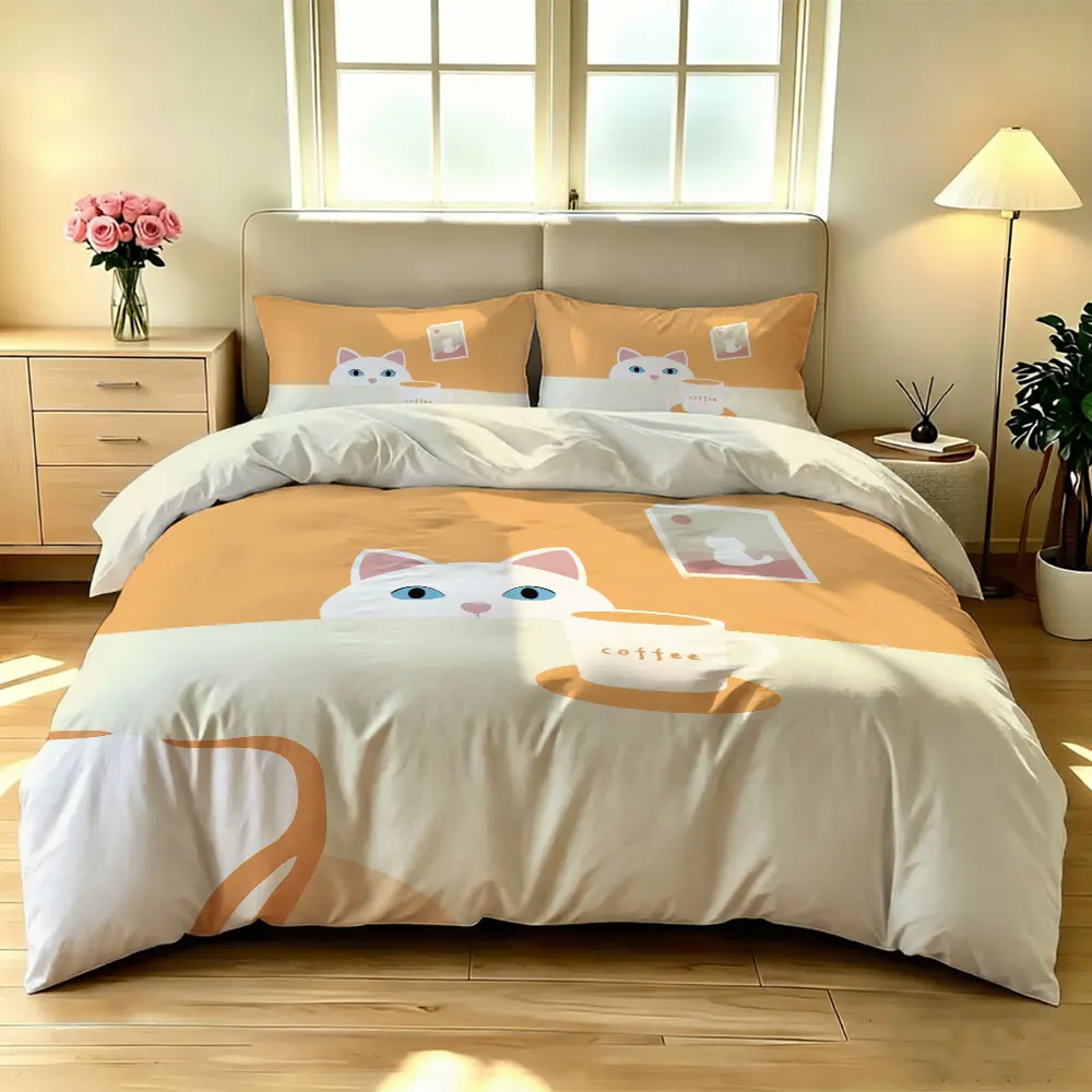 3 pieces orange-colored cat coffee toast pattern bedding set including 1 bedding cover and 2 pillowcases (without inserts) se