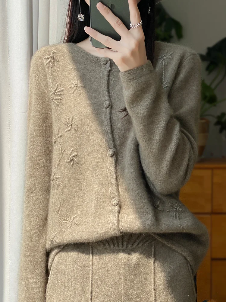 Women Sweater Cardigans O-neck 100% Merino Wool Knitwear Chinese Style Embroider Cashmere Vintage Grace Soft Spring Autumn Tops