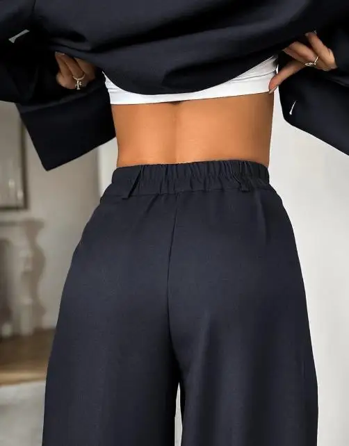 2025 Autumn and Winter New Suit Collar Long Sleeved Casual Loose High Waisted Elastic Band Long Pants Classic Two-Piece Set