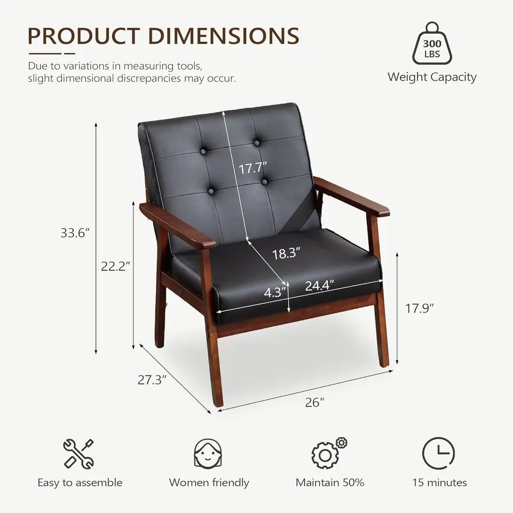 -Century ern Leather Accent Chair Set o 2 | Wooden Arm Chair, Upholstered, Tuted Backrest, Oice, Living Room