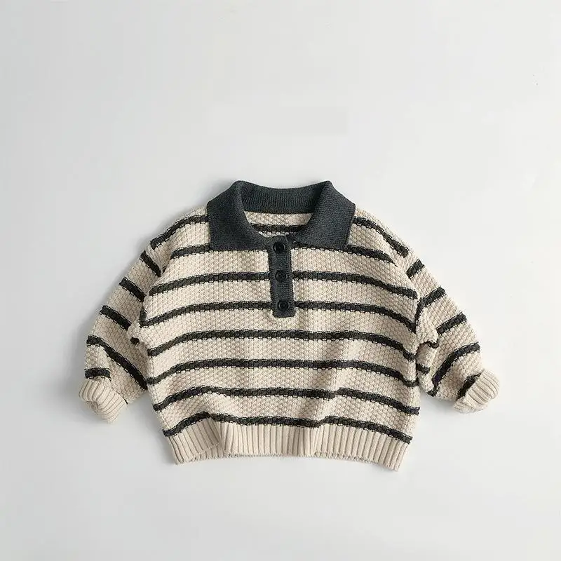 

2025 Spring New Children Sweater Cotton Boys Loose Casual Polo Shirts Girls Long Sleeve Knitted Pullover Kids Striped Knitwear