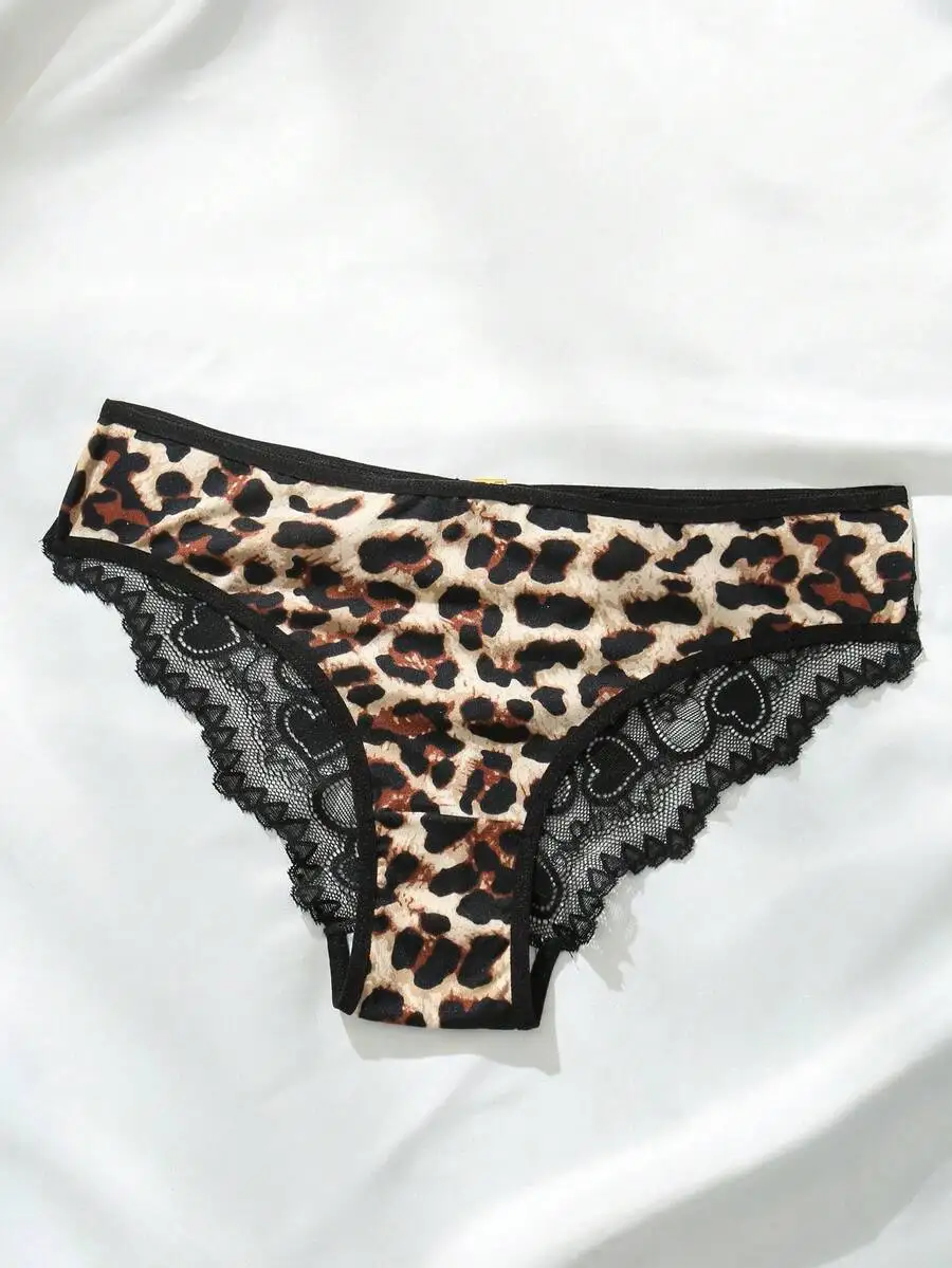 

Leopard Print Lace Trim Triangle Panty For Women