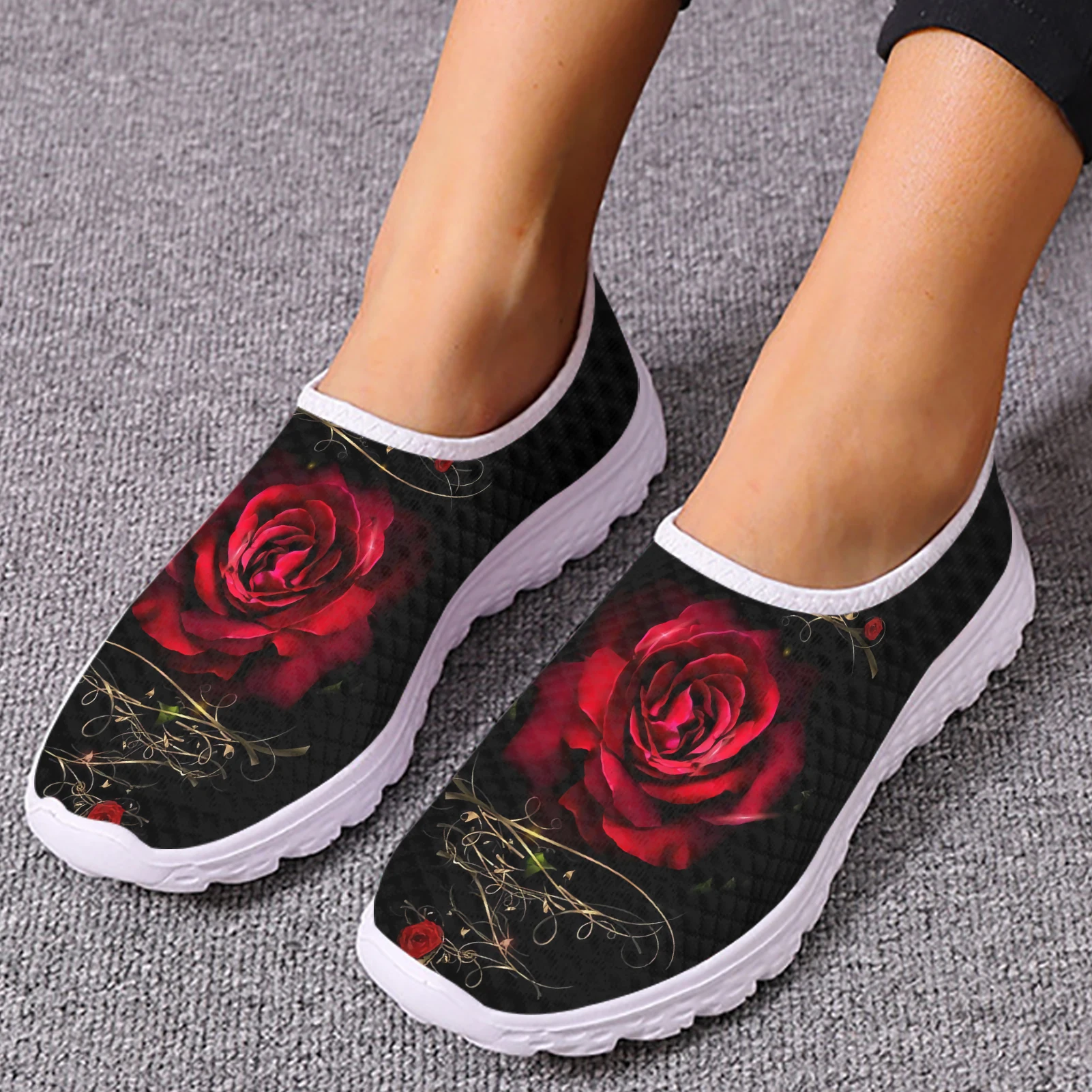 INSTANTARTS Luxury Brand Art Rose Flower Printed Girls Mesh Sneakers Summer Soft Slip-on Flat Shoes Breathable Beach Loafers Hot