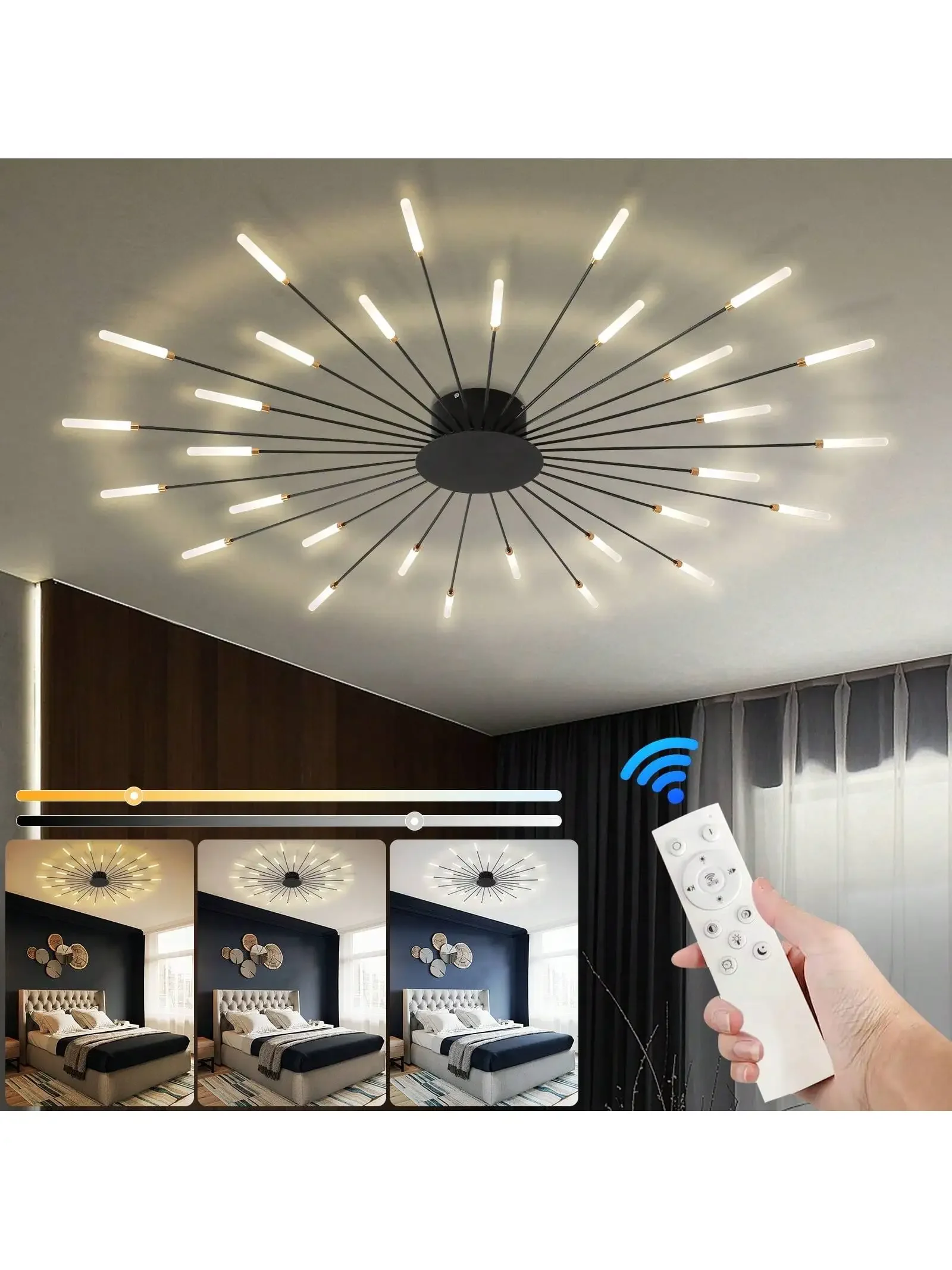 3색 무단계 디밍 샹들리에 LED 현대식 불꽃놀이 모양의 천장 조명 거실, 식당 침실(30개 헤드)