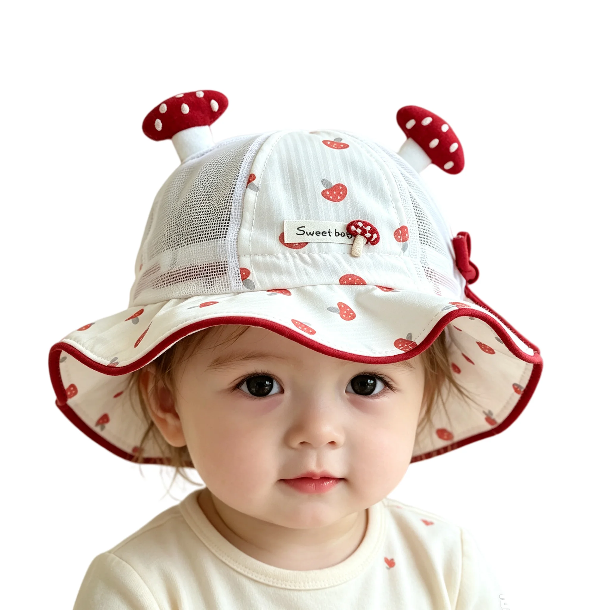 2026 Summer Korean Style Girls Sun Hat Mushroom Embroidery Cartoon Print Mesh Kids Fisherman Hat Soft Breathable Children Cap