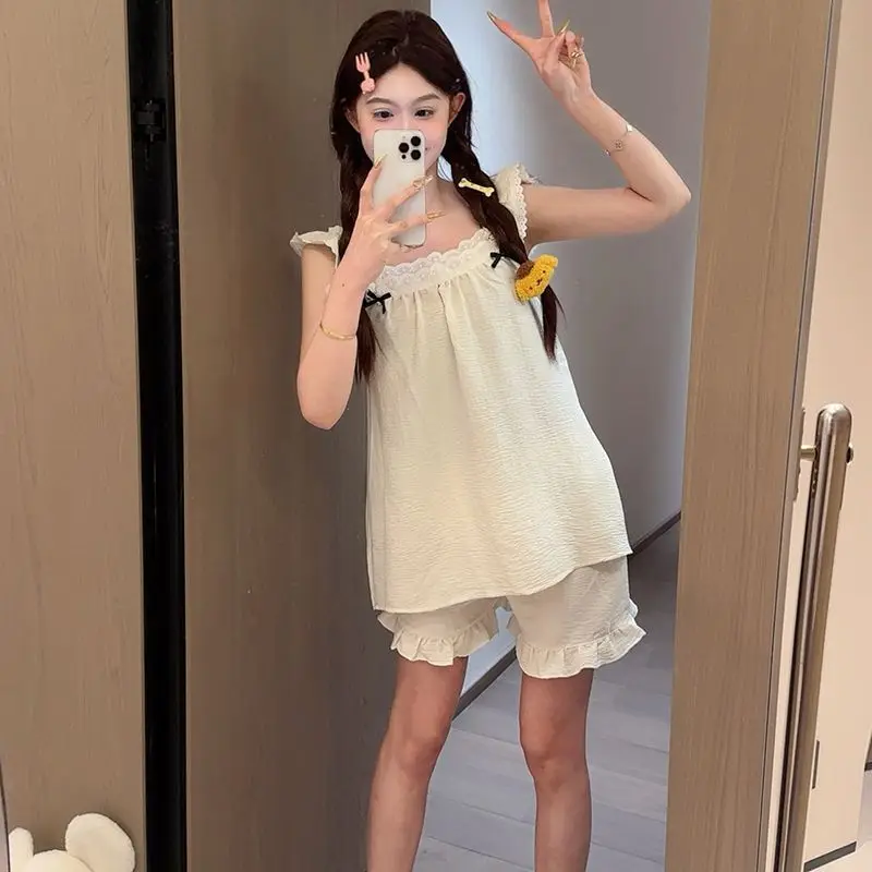 

2025 Summer New French Pajamas Women Woven Cotton Short-Sleeved Teenage Sweet Loose Cute Casual Pajamas Homewear Suit Women