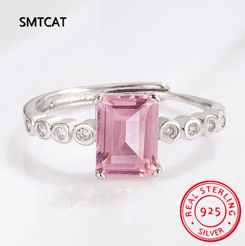 Emerald Cut Created Pink Sapphire 925 Sterling Silver Geometric Rectangle Adjustable Ring for Women Statement Gemstone Jewelry view 3