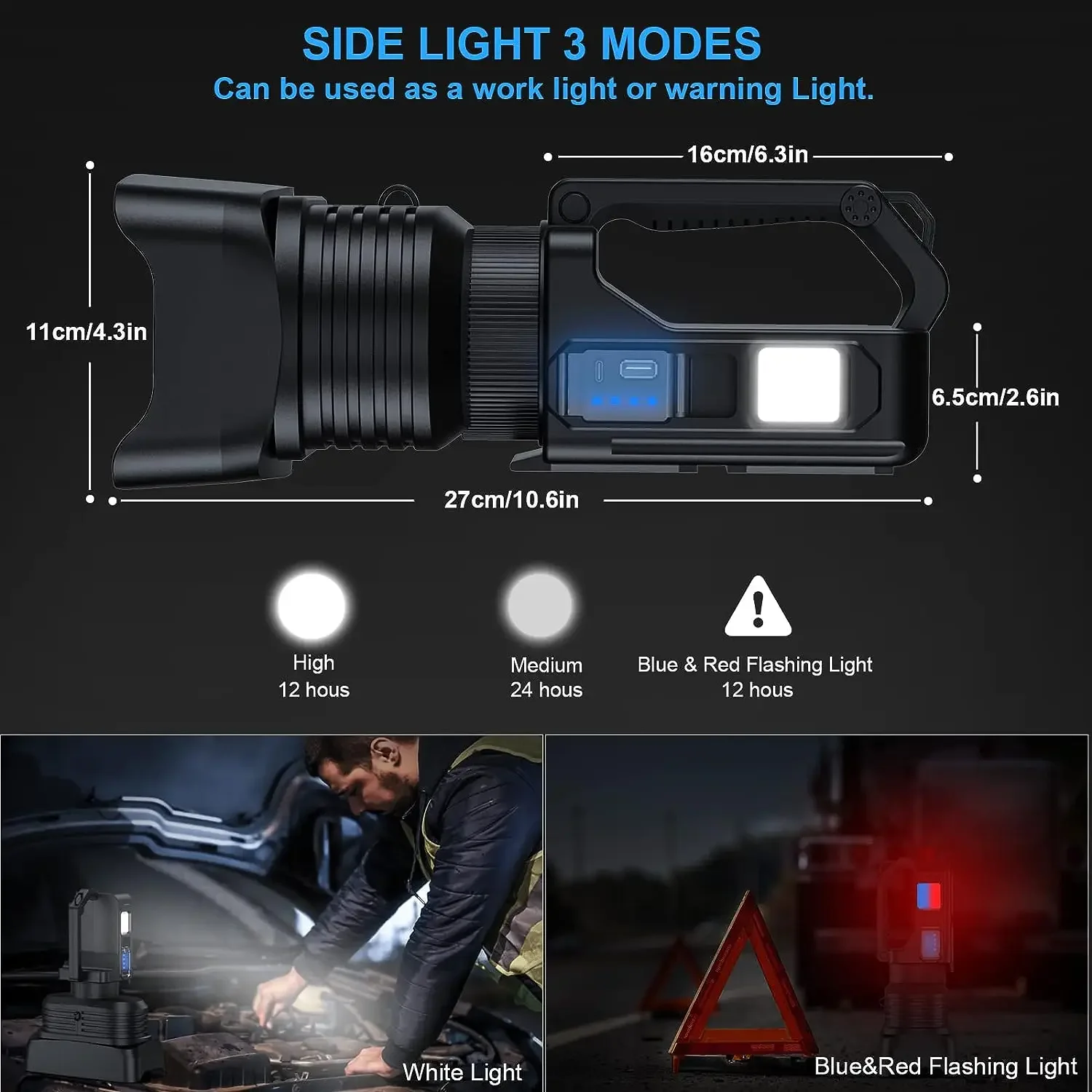 Lanterna LED recarregável, holofote mais poderoso, luz de trabalho, holofotes, tocha impermeável, lanterna de acampamento, luzes de emergência