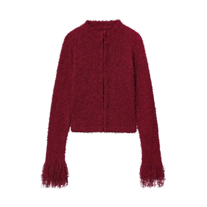

Tassel Knitted Coat Metal Button Cardigan Sweater Mini Tops Dark Red Fashion Long Sleeves Autumn Lady Slim Fit Streetwear