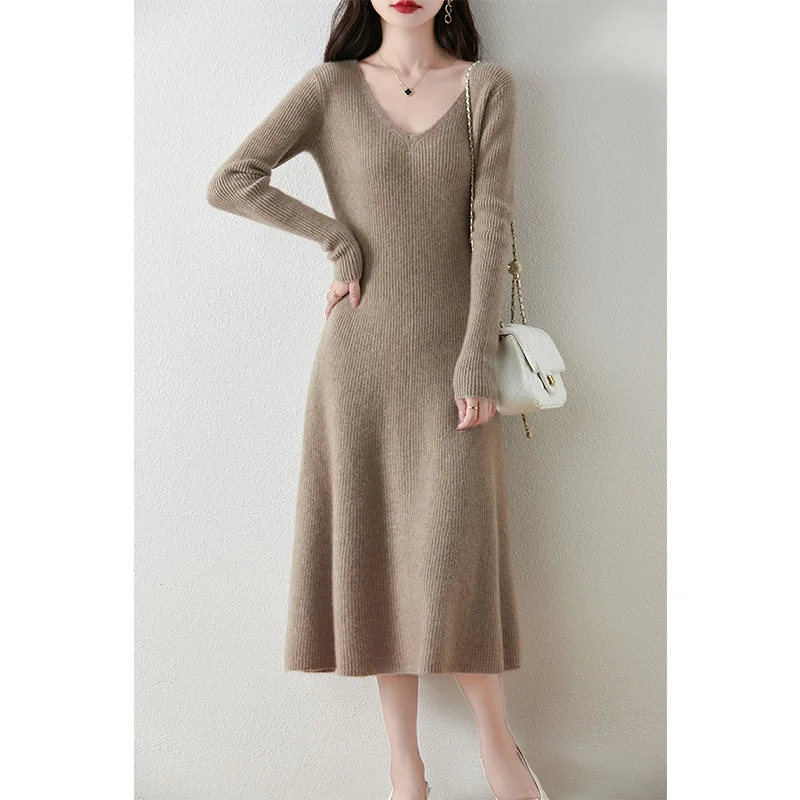 

Hot Sale A-Line Dress Basic 100% Merino Wool Autumn Winter Women's Warm Sweater V-Neck Long Sleeve Slim Clothes Cashmere Knitted