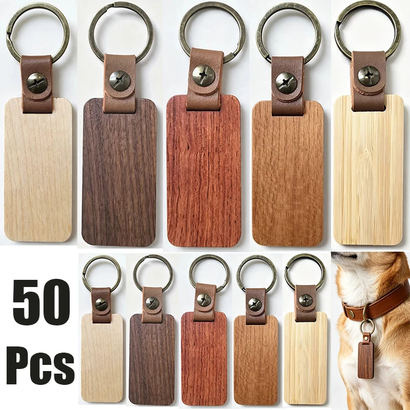 50Pcs Unfinished Rectangle Wood Key Tags, Blank Wooden Keychain Blanks with Leather Straps & Antique Metal Keyrings
