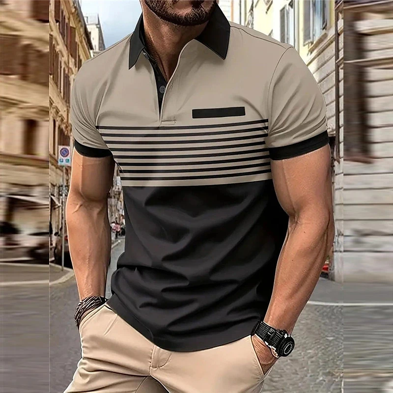 Business Men\'s Polo T Shirt Summer Short Sleeve Clothing Fashion Stripe Print Street Casual Buttons Tops Oversized Pullover