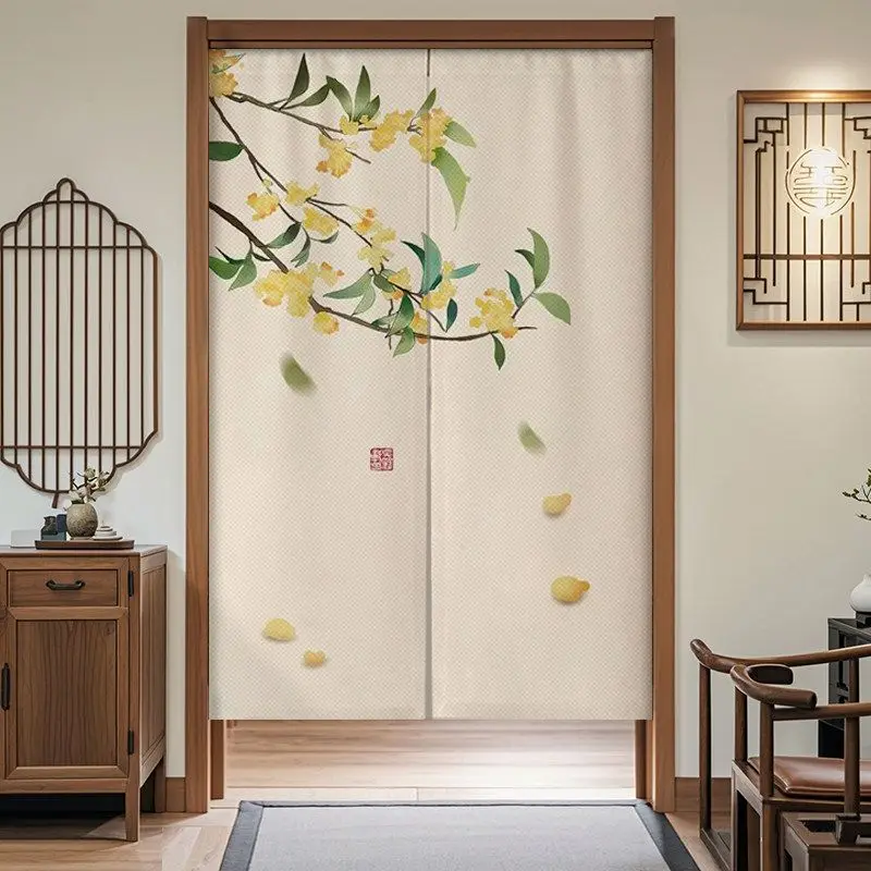 Chinese Ink Osmanthus Lotus Noren Door Curtain Traditional Floral Print Room Divider Curtain Tea Room Bedroom Entryway Decor