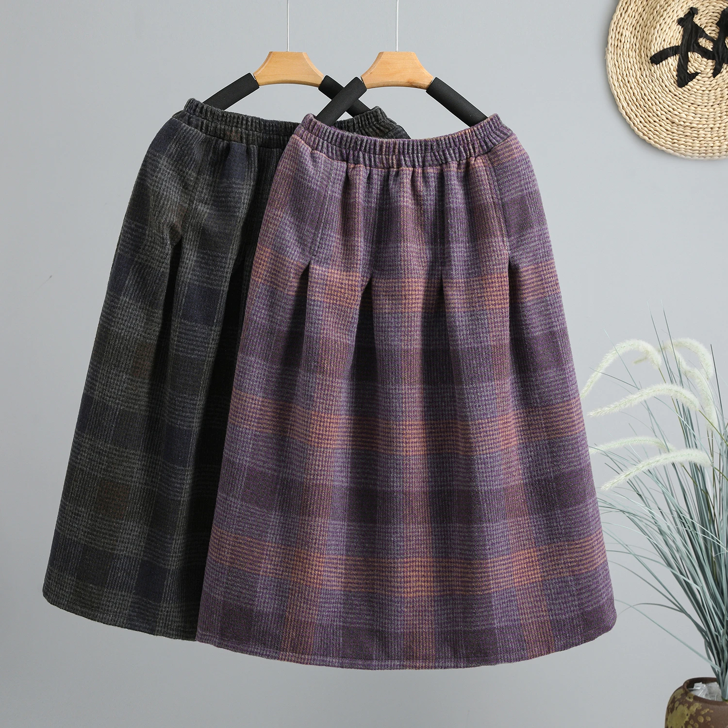 

Retro Plaid Woolen A-Line Midi Skirt Elastic Waist Versatile plus Size Women's Casual Winter f-length Skirts