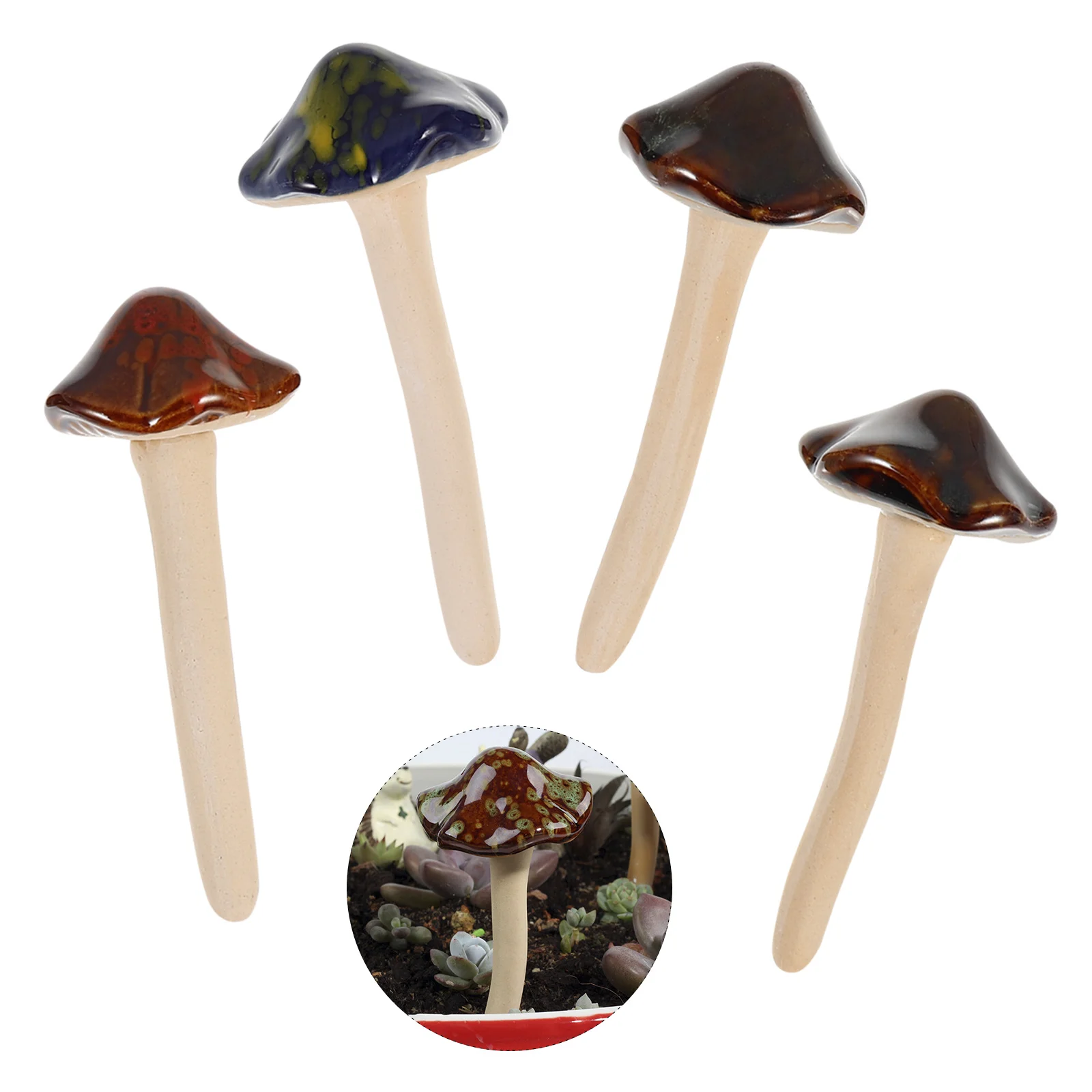 

4Pcs Colorful Ceramic Mushroom Garden Decor Pottery Stakes Fairy Garden Ornaments Outdoor Lawn Accessories Various