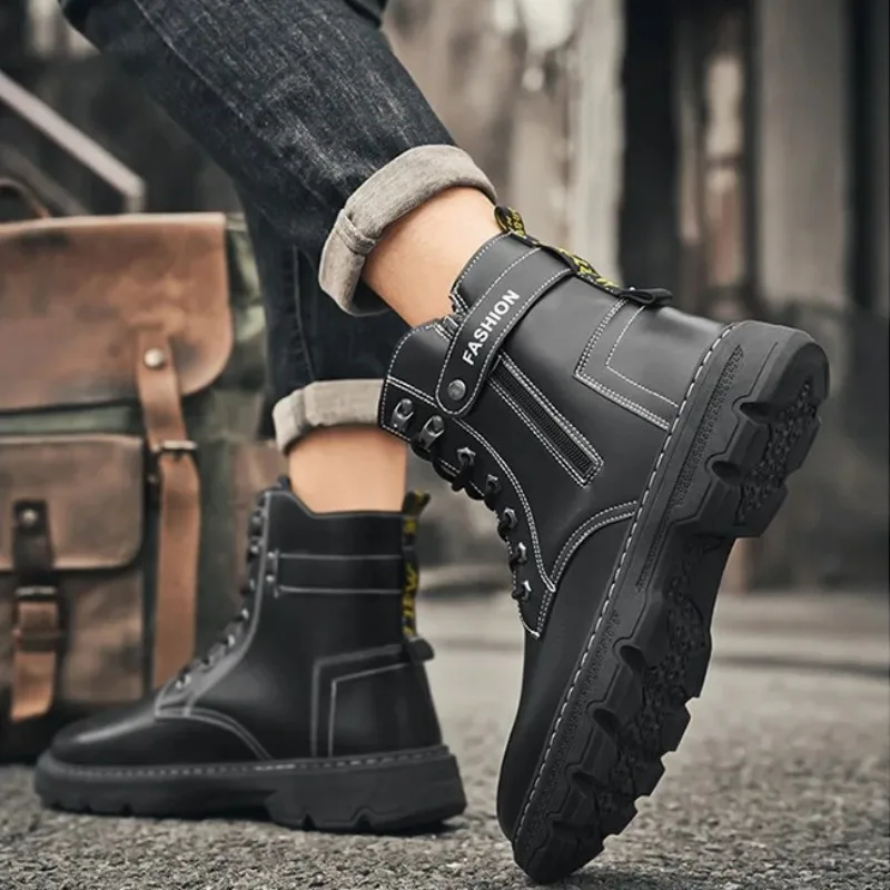 Мужские ботинки, модные повседневные высокие ботинки, кожаные короткие ботинки высокого качества, мужские мотоциклетные ботинки, ботильоны на шнуровке, Botas Hombre