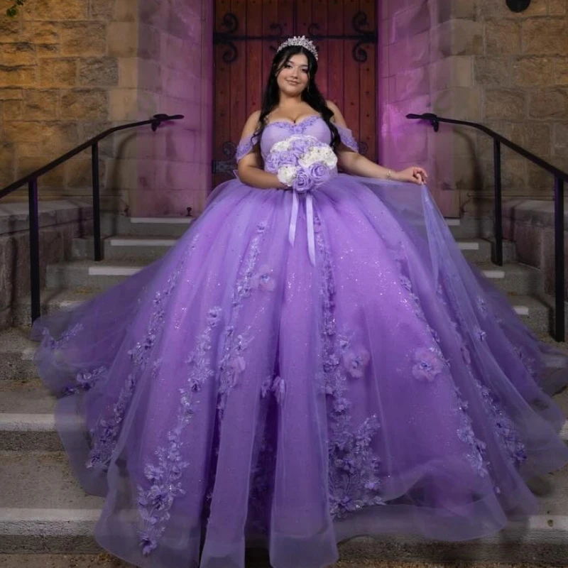 

Lavender Shiny Princess Off the Shoulder Sweet 16 Dress Quinceanera Dresses Applique Flower Beads Bow Tull Party Birthday Vestid