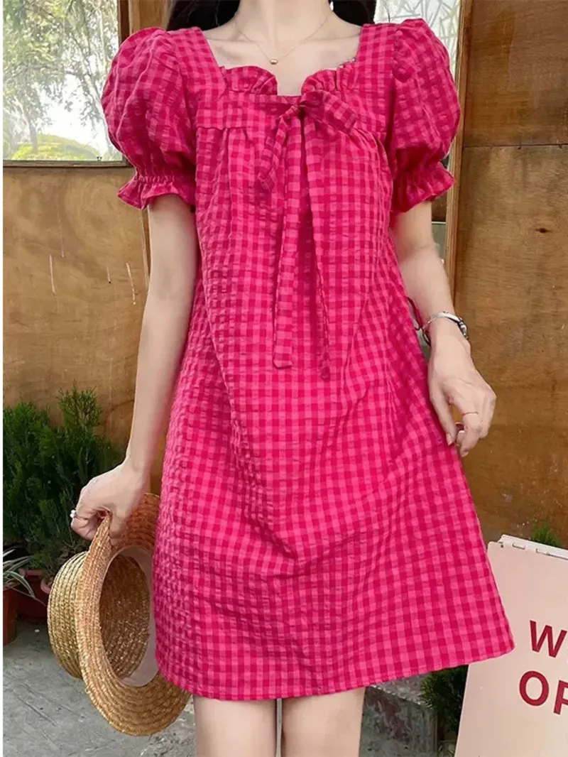 

Raspberry Red Dress Short Skirt 2024 New Fashion Summer High Waist Rose Red Checkered Skirt Small and Sweet Spicy Dressing X1FY