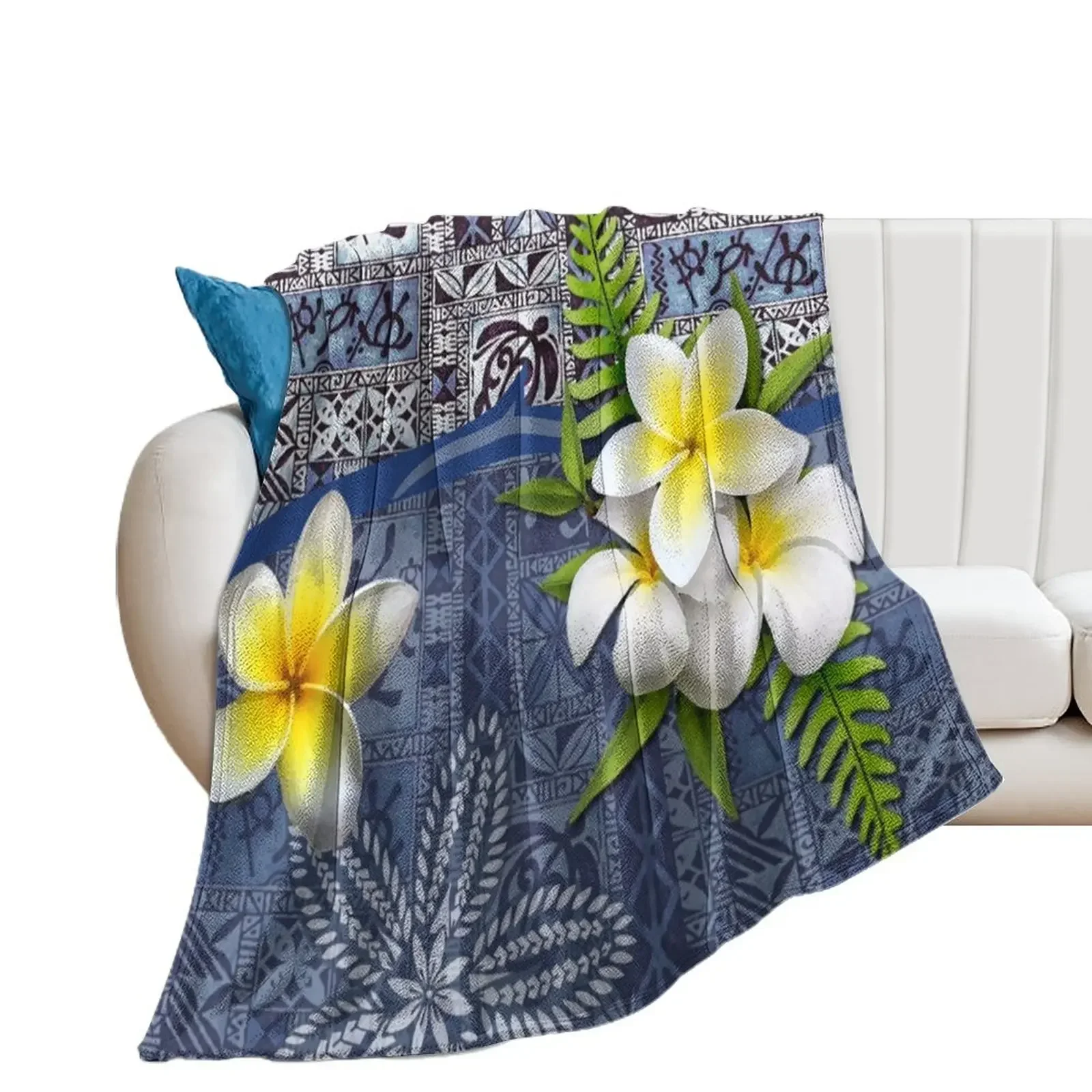 

Blue Hawaiian Tapa and Plumeria Throw Blanket Polar Winter beds Plush Blankets