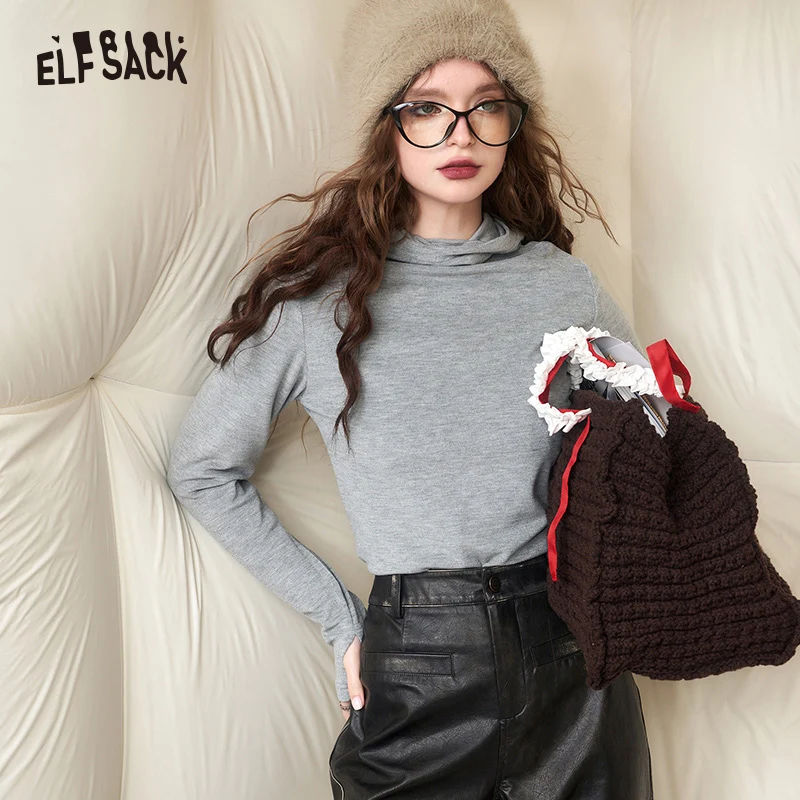 

ELFSACK Slim Long Sleeve Hoodies T-shirts Women 2023 Winter New Korean Fashion Tops