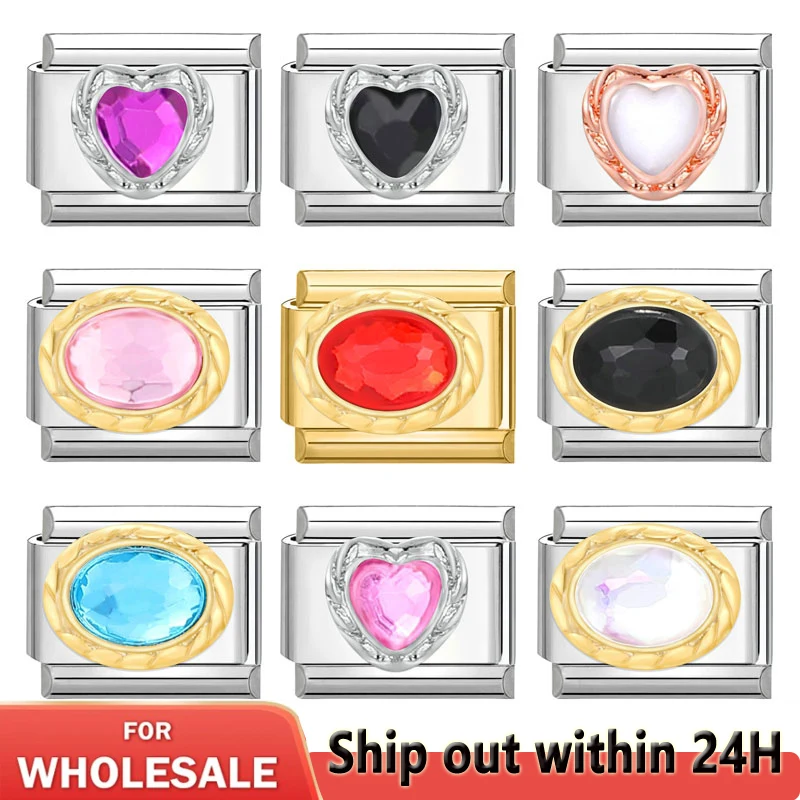 

Popular Fashion Sweet Oval Gemstone Round CZ Charm Links Fit 9mm Bracelet Stainless Steel DIY Making Jewelry