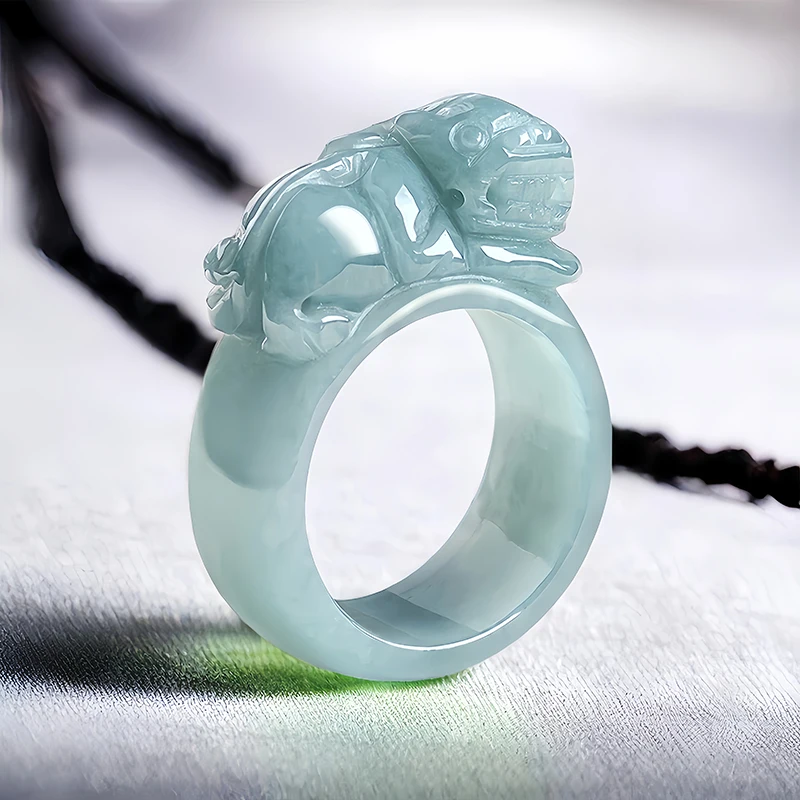 

Blue Real Myanmar Jade Pixiu Rings Gemstone Gifts Stone Natural Jewelry Talismans Burmese Jadeite Women Men Charms Designer