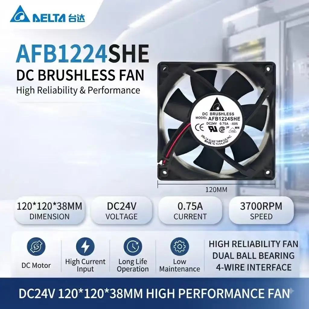For DELTA AFB1224SHE DC Brushless Fan 120x120x38mm DC24V 0.75A Dual Ball Bearing 4PinHigh Airflow Industrial Server Cooling Fan