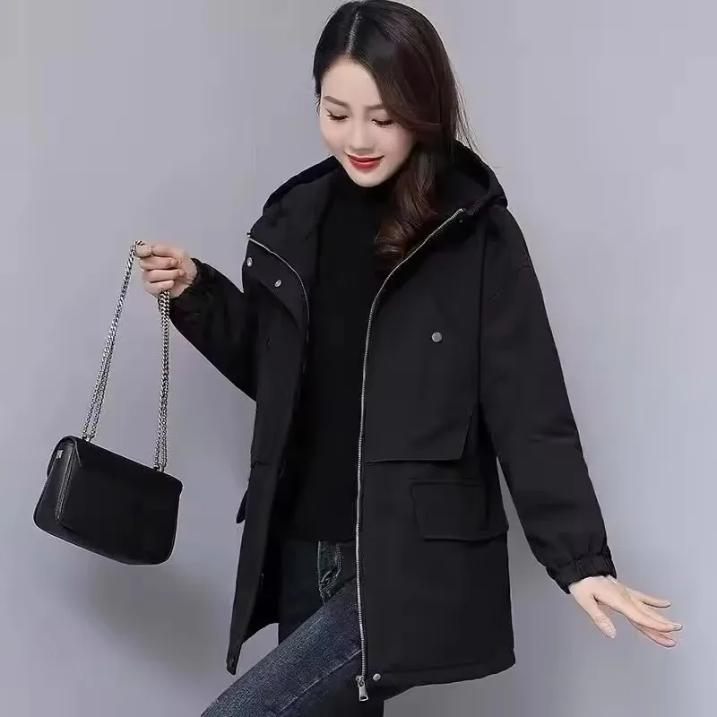 Women Windbreaker Parkas Overcoat Women's 2025 New Autumn Winter Fleece Jacket Loose Hooded Warm Zipper Female Basic Coat