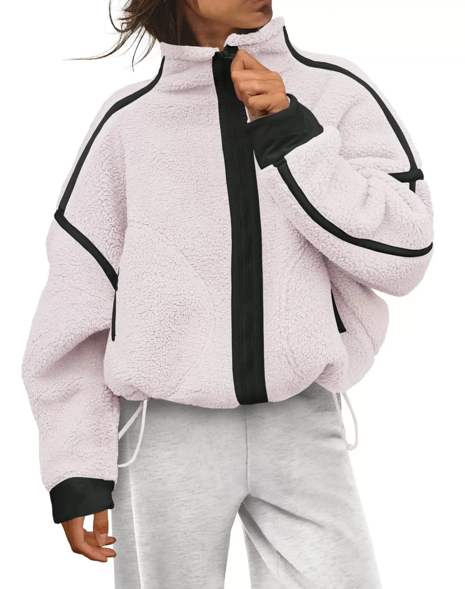 Damen-Fleecejacke mit durchgehendem Reißverschluss, weißem Kontraststreifen, Stehkragen, langen Ärmeln, Kordelzug am Saum, lockerer Schnitt, warme Winterjacke. – Detail 4