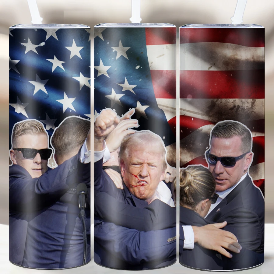 20oz Skinny Straight Coffee Tumblers Straw Lid 3D Print Trump Speech “Fight For The USA”Stainless Insulated Cups Home Party Gift