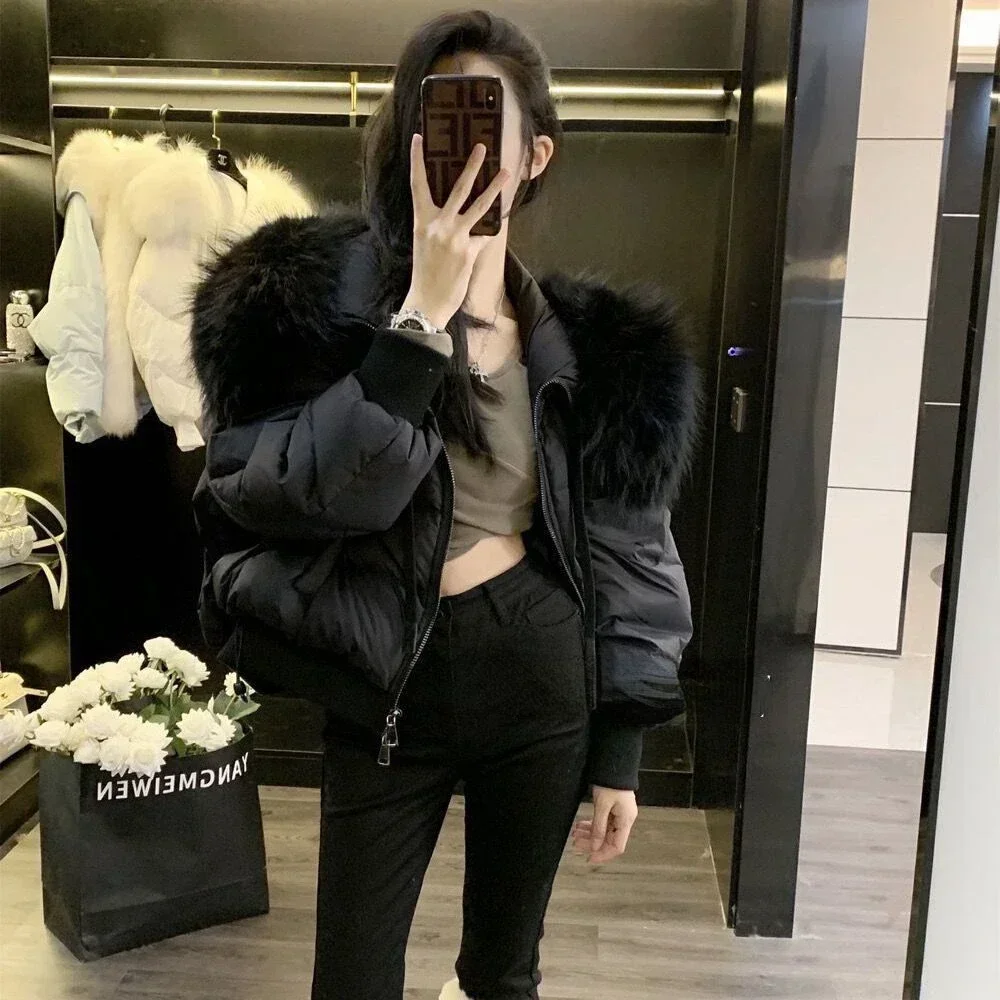 Short Parkas Female Women Newest 2024 Winter Thick Loose Casual Puffer Jacket White Duck Down Coat Real Natural Raccoon Fur Coat