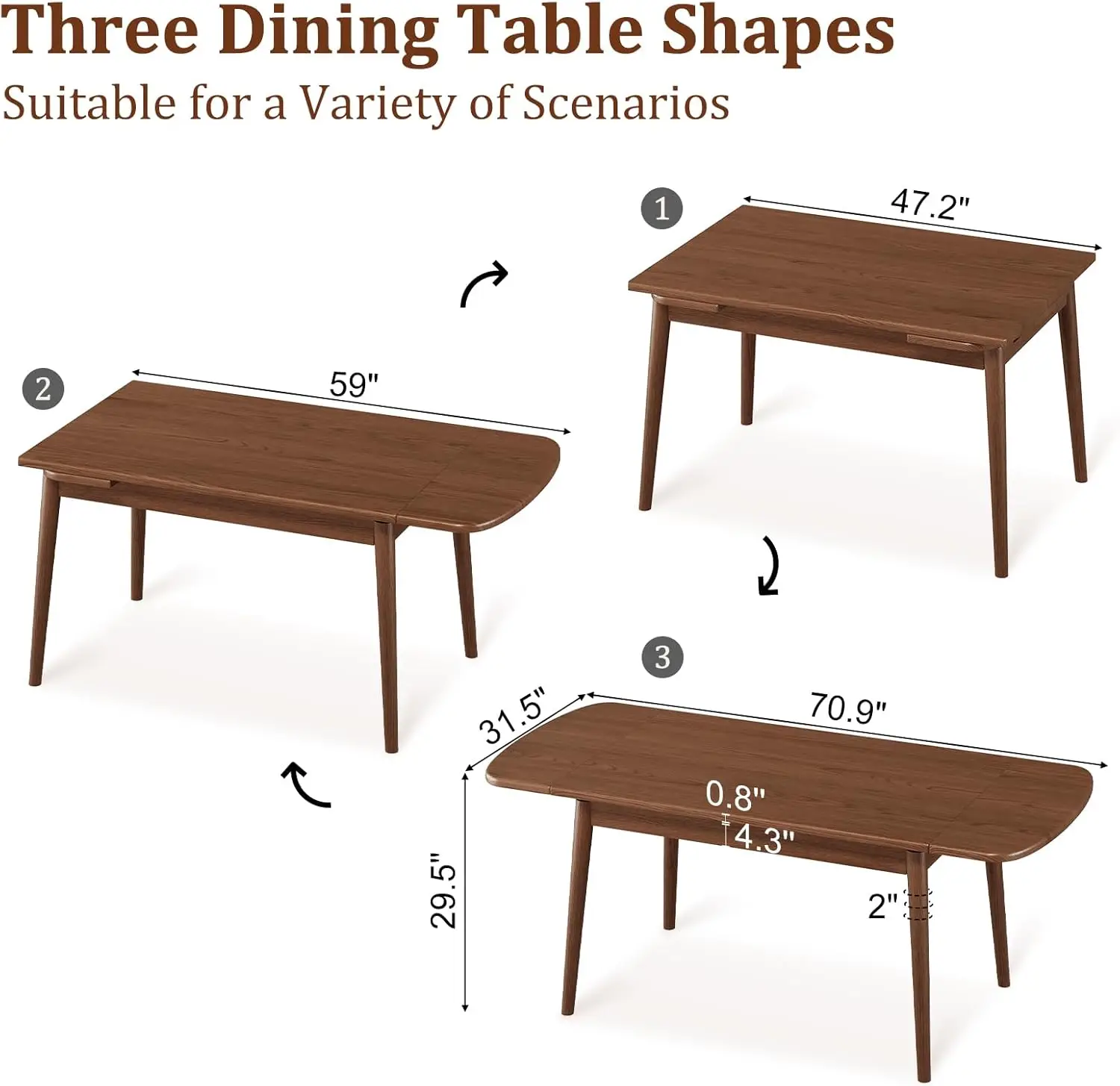 Solid Wood Extendable Dining Table 4-8 3-in-1 Design Easy Assembly For Dining Room Kitchen Living Room