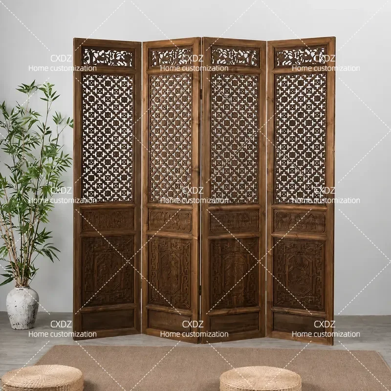 Antique Solid Wood Folding Screen Partition New Chinese Style Hollow Carved Camphor Wood Double Sided Retro Room Divider for