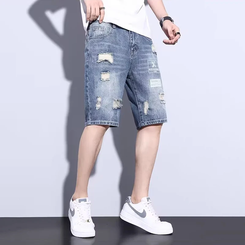 REDDACHIC Graphic Print Ripped Denim Shorts Men Cleanfit Vintage Wash Brushed Wide Leg Pants Cropped Jeans Summer Korean Clothes