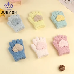 Children Five Finger Gloves Solid Color Love Pattern Gloves For Boys Girls Winter Warm Thickened Mittens For Kids 1-5 Years