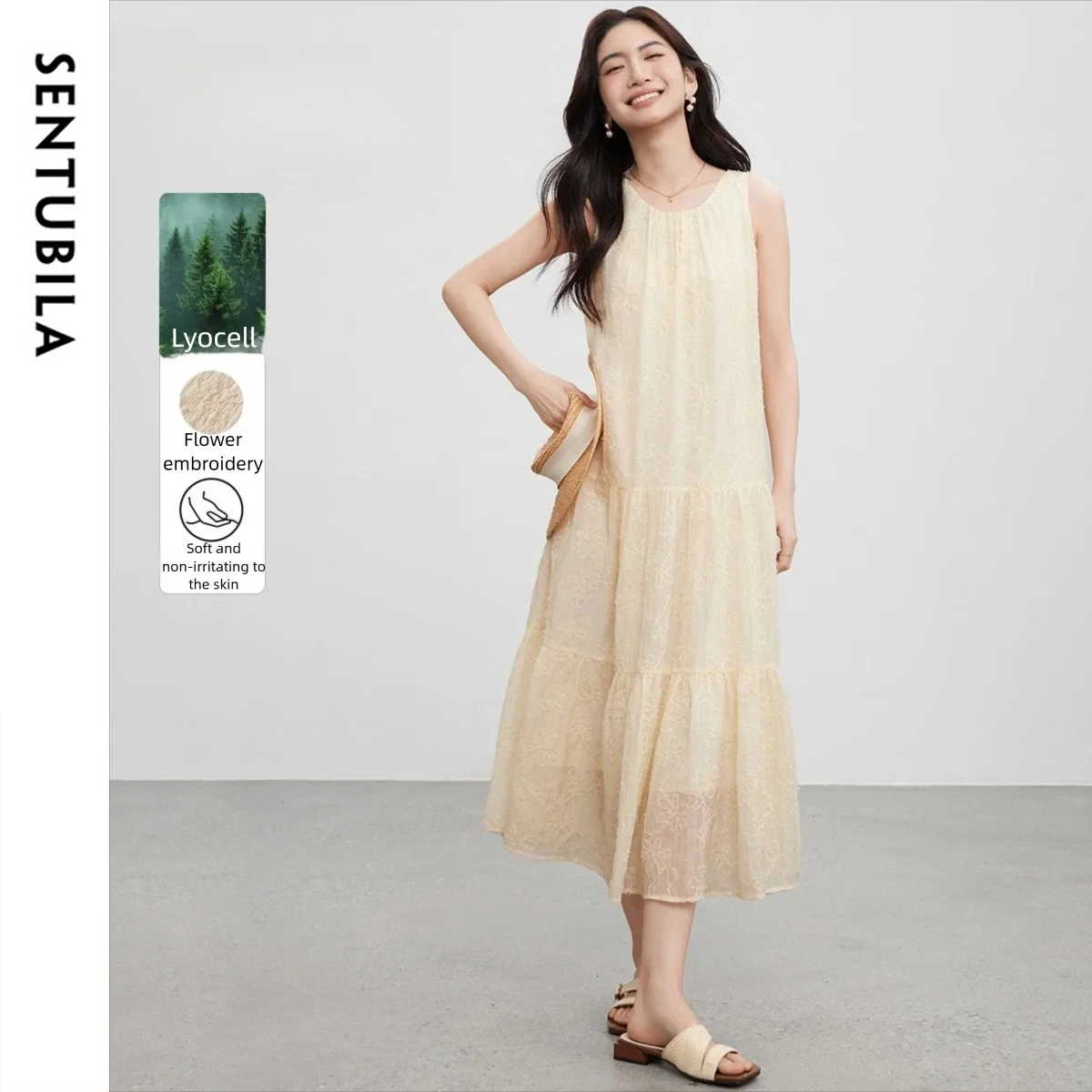 

SENTUBILA Lyocell Holiday Embroidery Summer Dresses 2025 A-line O Neck Sundress Elegant Lace Up Bow Long Dress 152L80438