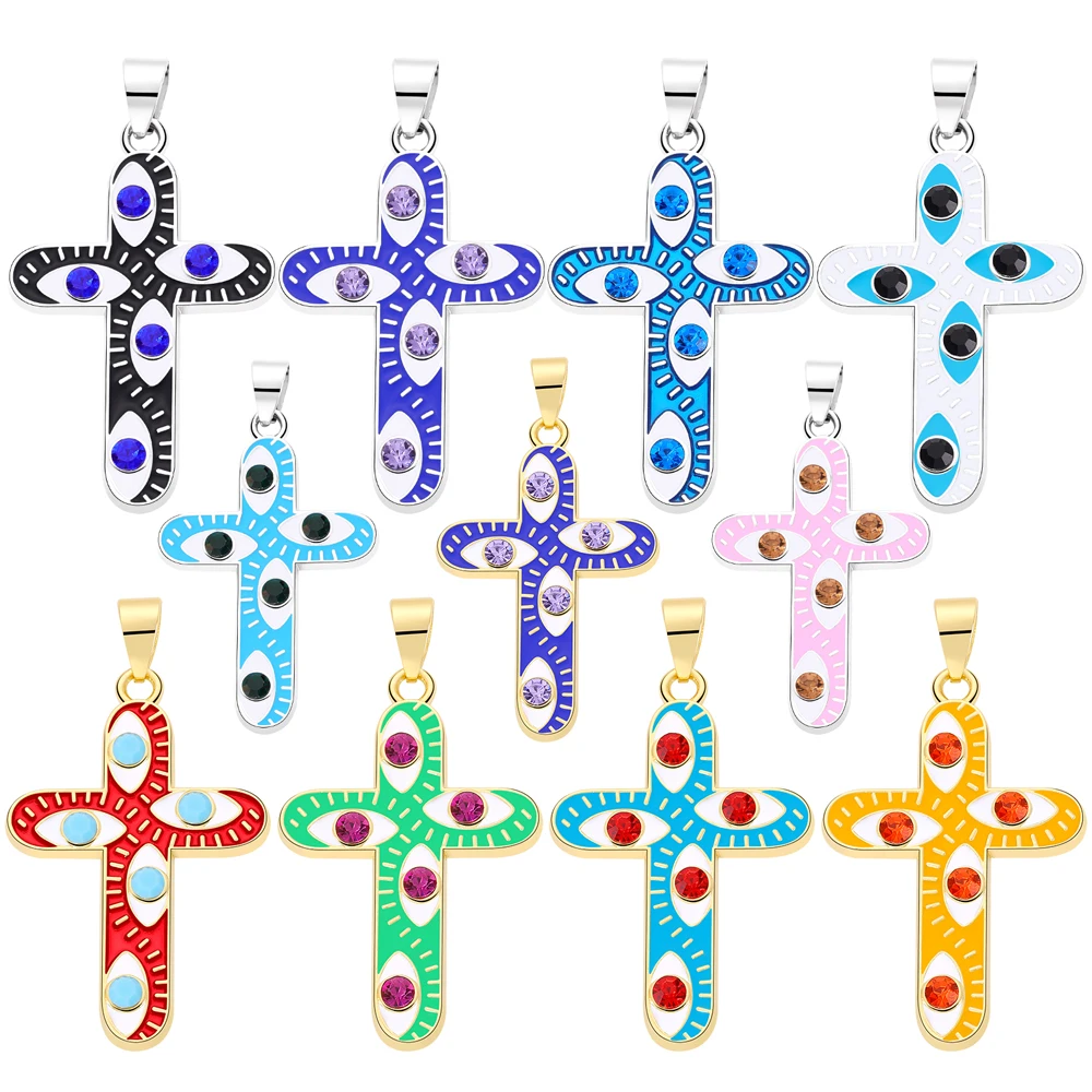 Juya 18K Gold Silver Plated Colorful Enamel Crosses Charms For DIY Religious Rosary Greek Evil Eye Pendants Jewelry Making