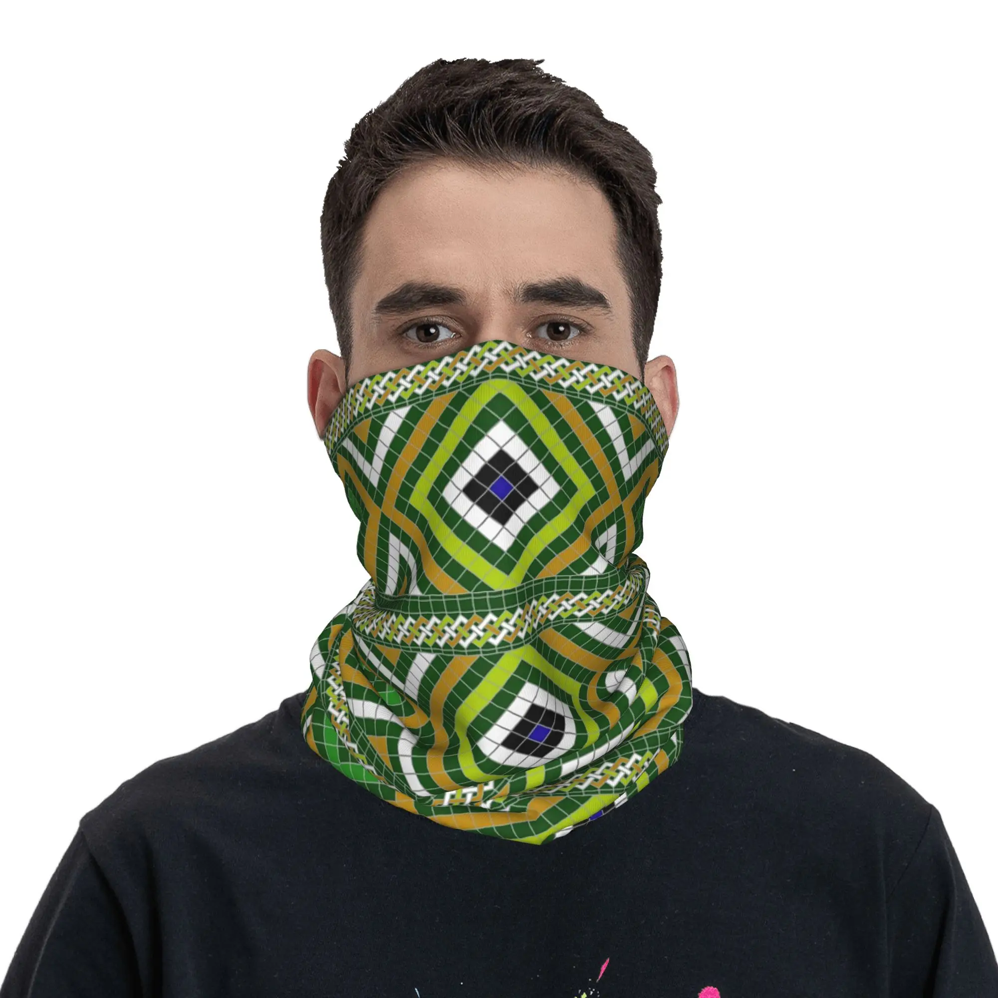 Amazigh Ethnic Pattern in Green and Orange Bandana Neck Gaiter Printed Magic Scarf Headwear Outdoor Sports Unisex  Windproof