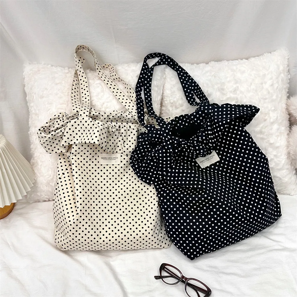 Korean Ins Polka Dot Lace Canvas Tote Bag for Women, Large Capacity Shoulder Bag, School & Daily Commuter Handbag