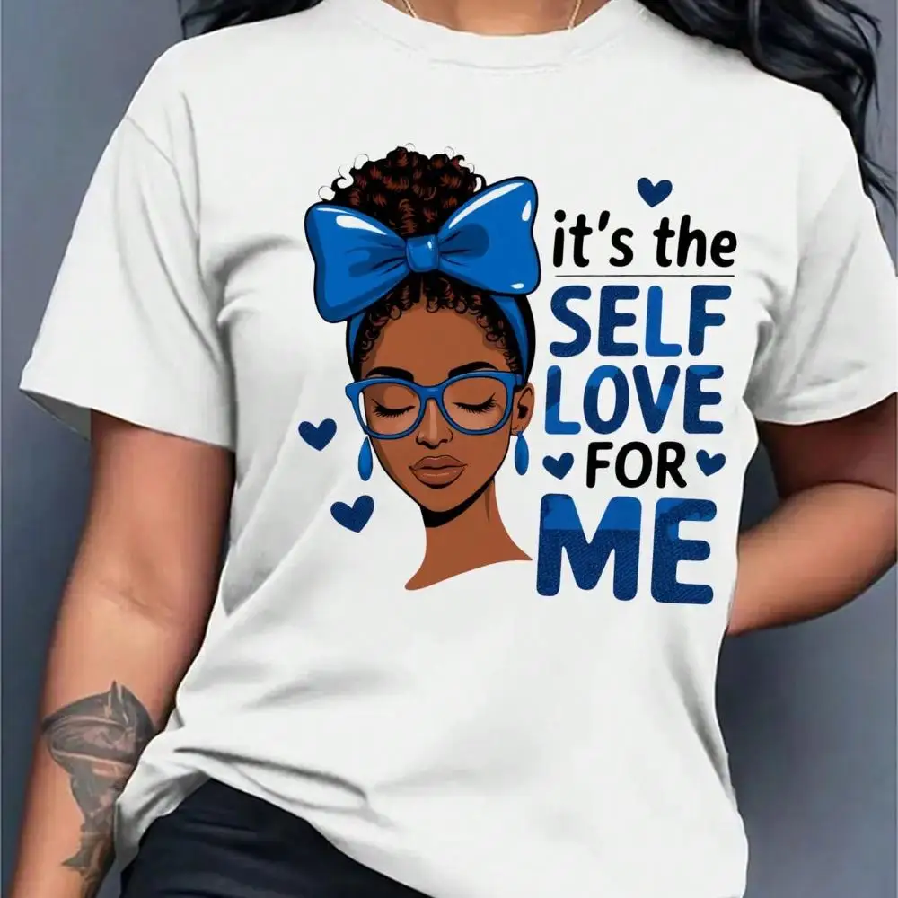 Women s 200g Cotton T-Shirt - It s The Self Love For Me Graphic Print With Geometric Hearts Stars, Round Neck Breathable Casual Tee In White, Bla