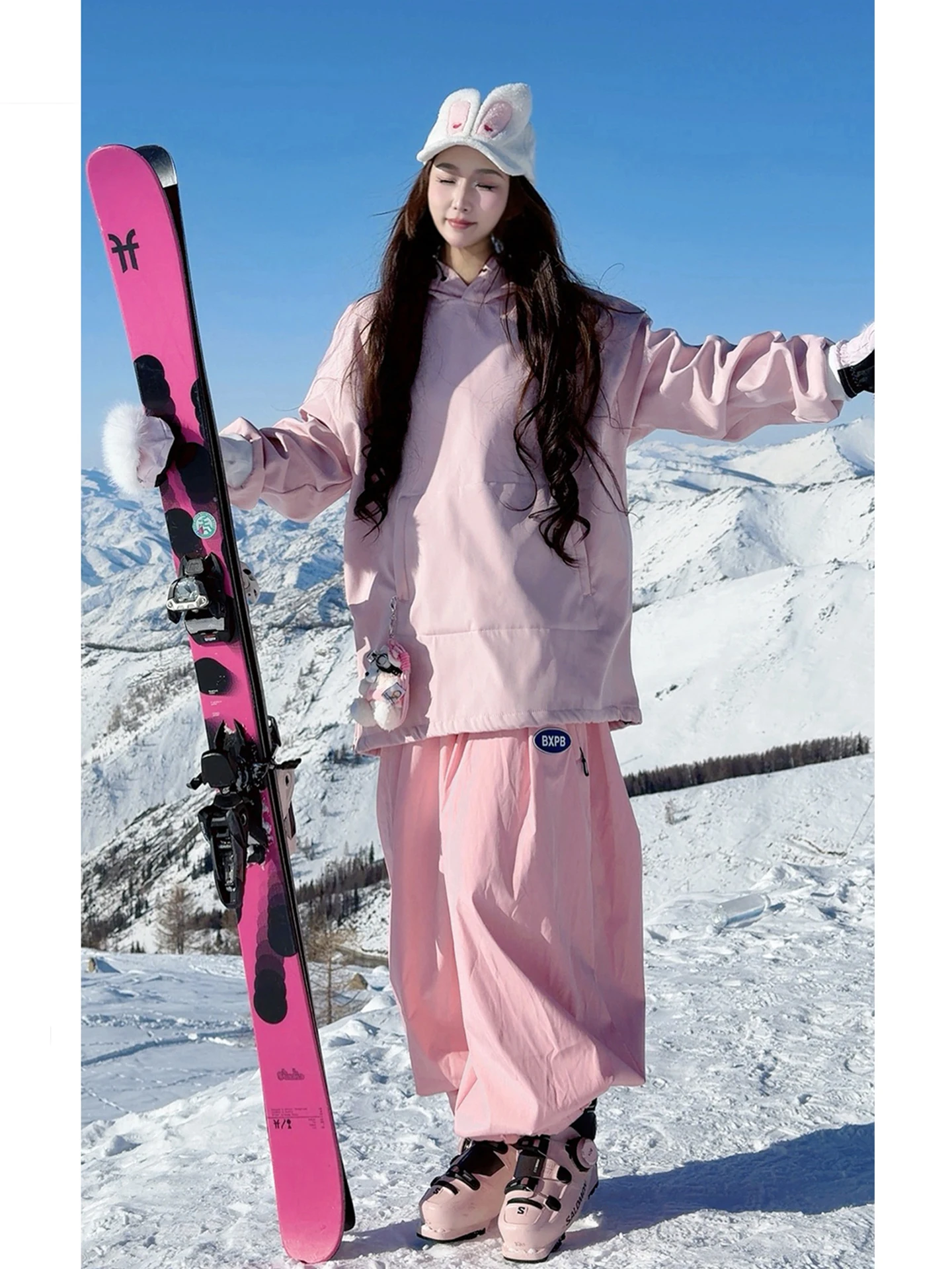 

New Winter Snowboard Clothes Men Women Cute Rabbit Ear Fce Lined Ski Sweatirt Outdoor Warm Cold Proof Snow Pants