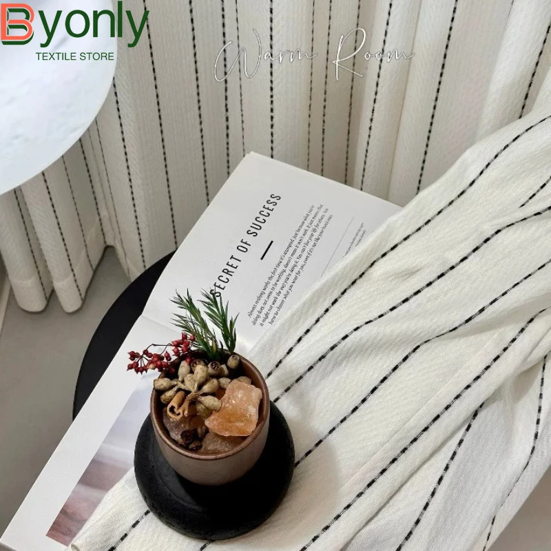 Vertical Black and White Lines Woven Jacquard Thick Window Screen Curtains for Bedroom Living Room Balcony Door Curtains