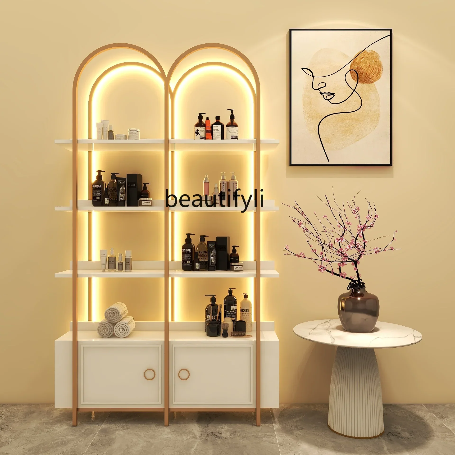 

Beauty Salon Display Cabinet Cosmetics Shelf Nail Salon Product Storage Display Shelf Floor with Light